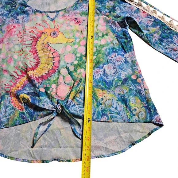 Leoma Lovegrove Seahorse Tie Waist Art to Wear Top Watercolor L Laced Sleeves - Picture 12 of 12